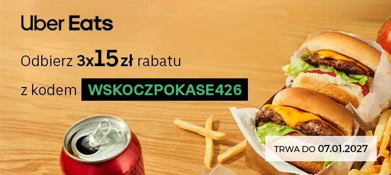Mobilna grafika Uber Eats promująca kod WSKOCZPOKASE426, który daje 3 × 15 zł rabatu na trzy pierwsze zamówienia. Kod obowiązuje do 7 stycznia 2027 roku.