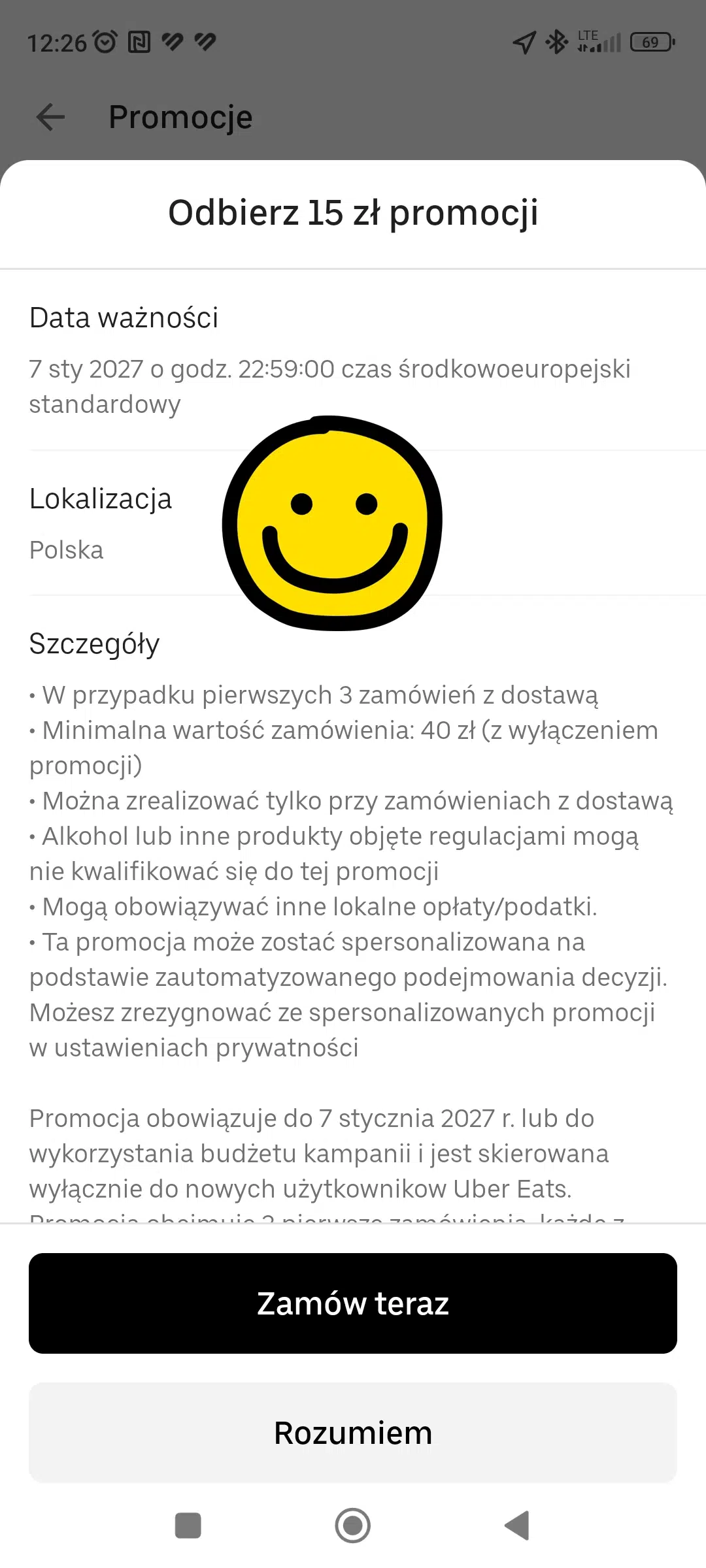 Mobilny widok szczegółów promocji Uber Eats po aktywacji kodu WSKOCZPOKASE426, prezentujący rabat 15 zł na każde z trzech pierwszych zamówień z dostawą o wartości minimum 40 zł oraz termin ważności do 7 stycznia 2027 roku.