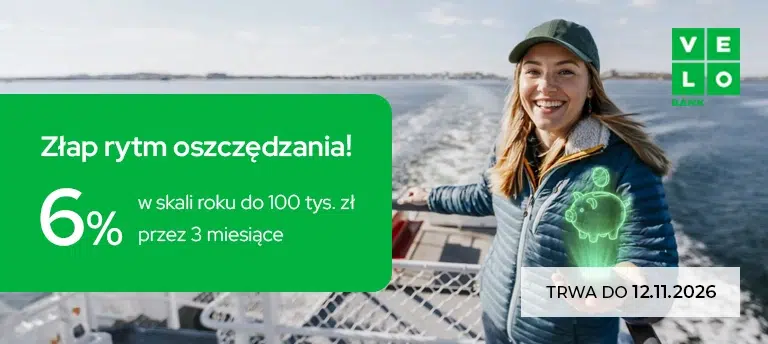 Mobilna grafika VeloBanku promująca Elastyczne Konto Oszczędnościowe z oprocentowaniem 6% w skali roku do 100 tys. zł przez 3 miesiące. Oferta obowiązuje do 12 listopada 2026 roku.