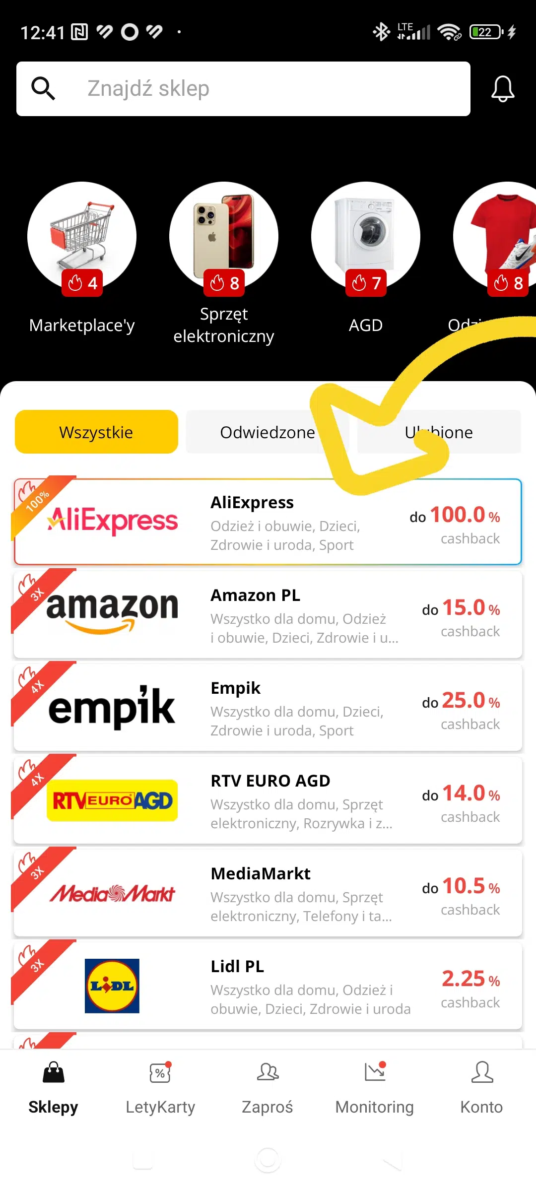 Mobilny widok aplikacji LetyShops z ofertą do 100% cashbacku w AliExpress oraz podwyższonym cashbackiem m.in. w Amazon, Empik, RTV Euro AGD, MediaMarkt i Lidl.