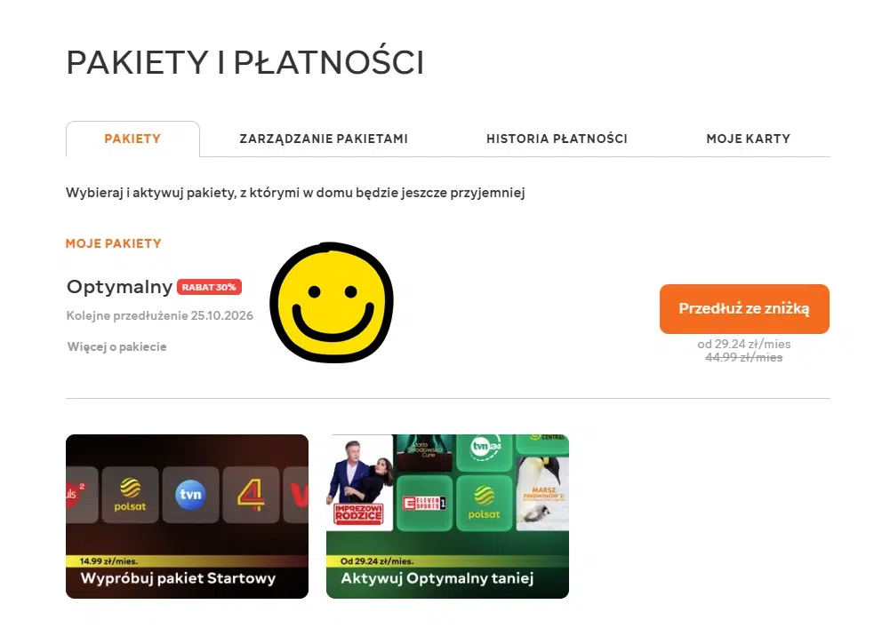 Widok sekcji „Pakiety i płatności” w MEGOGO z aktywnym pakietem „Optymalny” po użyciu kodu WSKOCZ10 oraz informacją o 30% rabacie na kolejne przedłużenie.