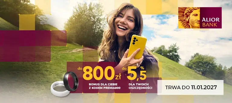 Mobilna grafika Alior Banku promująca Alior Konto z kodem PREMIA800, który pozwala zdobyć do 800 zł bonusu oraz oprocentowanie oszczędności do 5,5% w skali roku. Promocja obowiązuje do 11 stycznia 2027 roku.