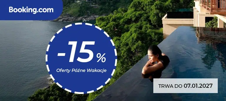 Mobilna grafika Booking.com promująca Oferty Późne Wakacje z minimum 15% zniżki na wybrane pobyty do końca roku. Promocja obowiązuje do 7 stycznia 2027 roku.