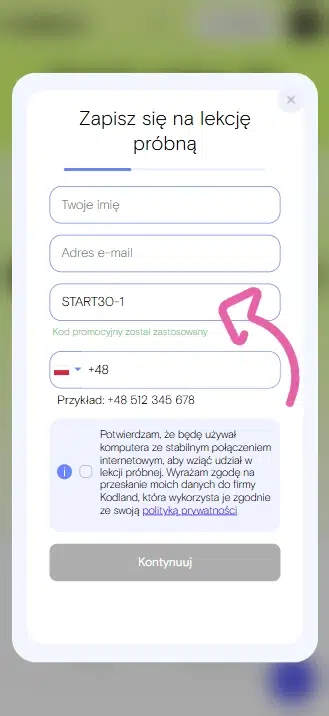 Mobilny widok formularza zapisu na lekcję próbną w Kodland z aktywnym kodem promocyjnym START30-1, który został poprawnie zastosowany podczas rejestracji.