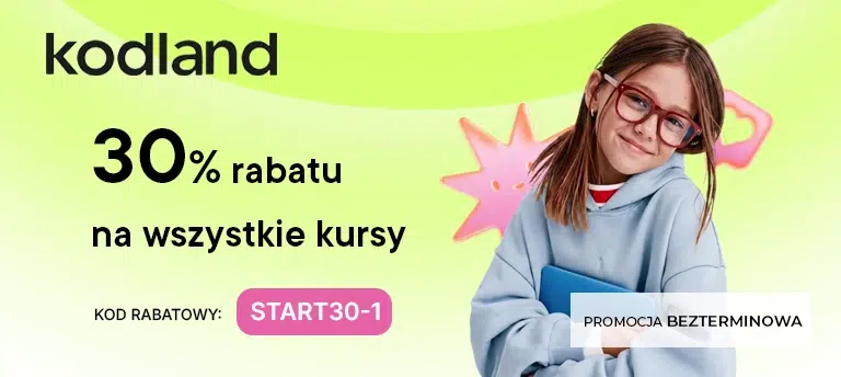Mobilna grafika Kodland promująca kod rabatowy START30-1, który daje 30% zniżki na wszystkie kursy dla dzieci i młodzieży. Promocja jest bezterminowa.