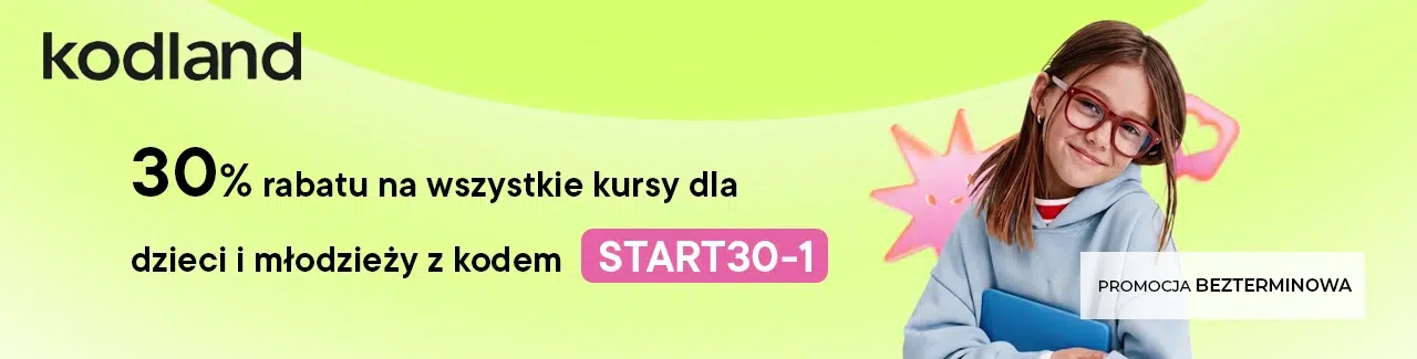 Grafika promująca kod rabatowy Kodland START30-1, który daje 30% zniżki na wszystkie kursy dla dzieci i młodzieży. Promocja jest bezterminowa.