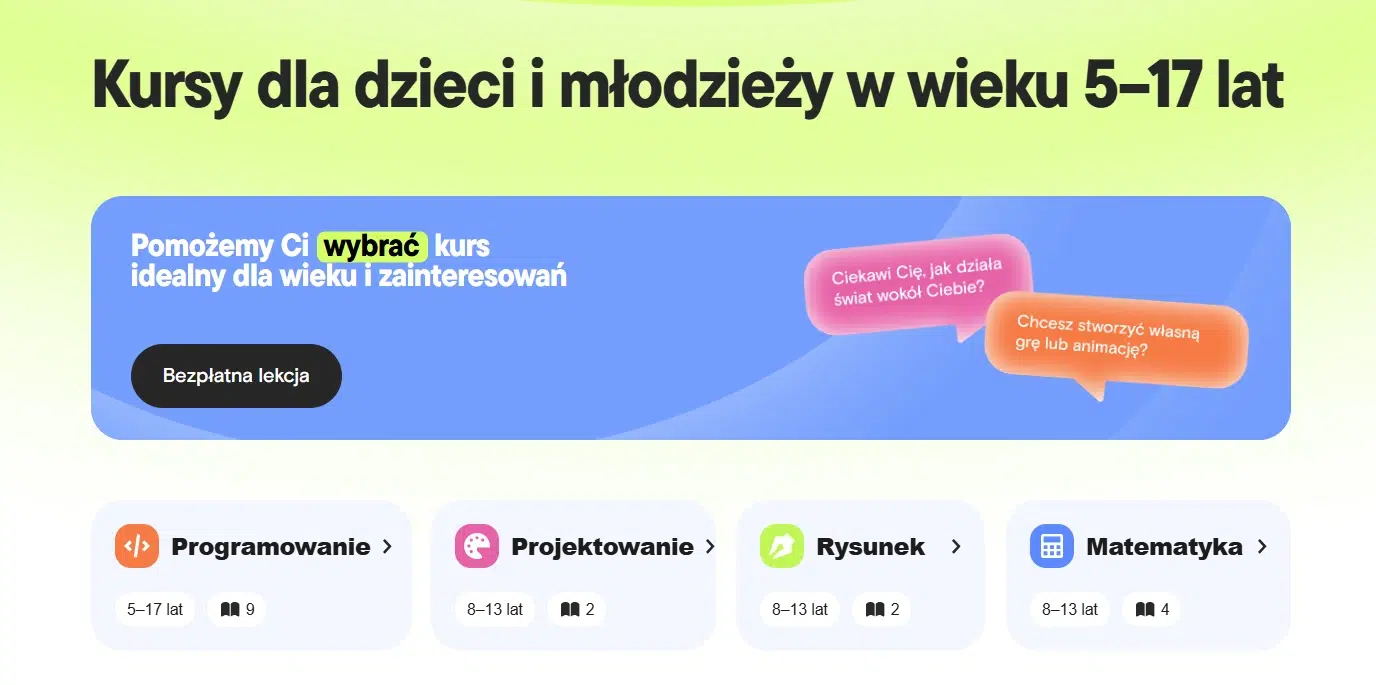 Grafika prezentująca kursy Kodland dla dzieci i młodzieży w wieku 5–17 lat, obejmujące m.in. programowanie, projektowanie, rysunek i matematykę oraz możliwość skorzystania z bezpłatnej lekcji.