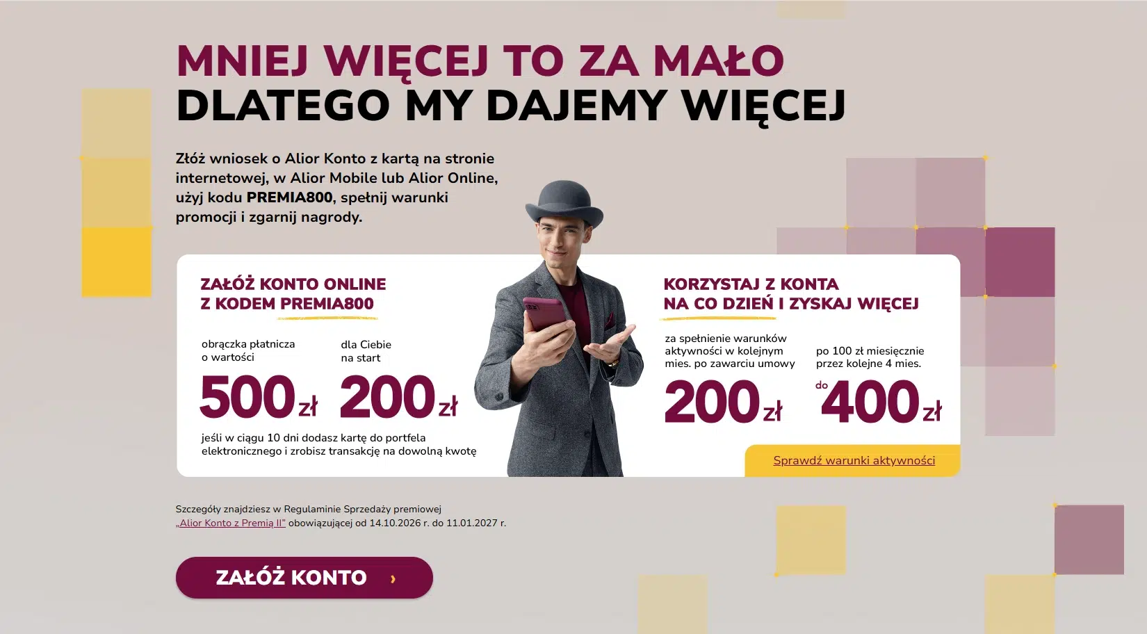 Grafika przedstawiająca szczegóły promocji „Alior Konto z Premią II” z kodem PREMIA800, obejmującej 200 zł na start, obrączkę płatniczą o wartości 500 zł oraz do 600 zł dodatkowych premii za aktywne korzystanie z konta.