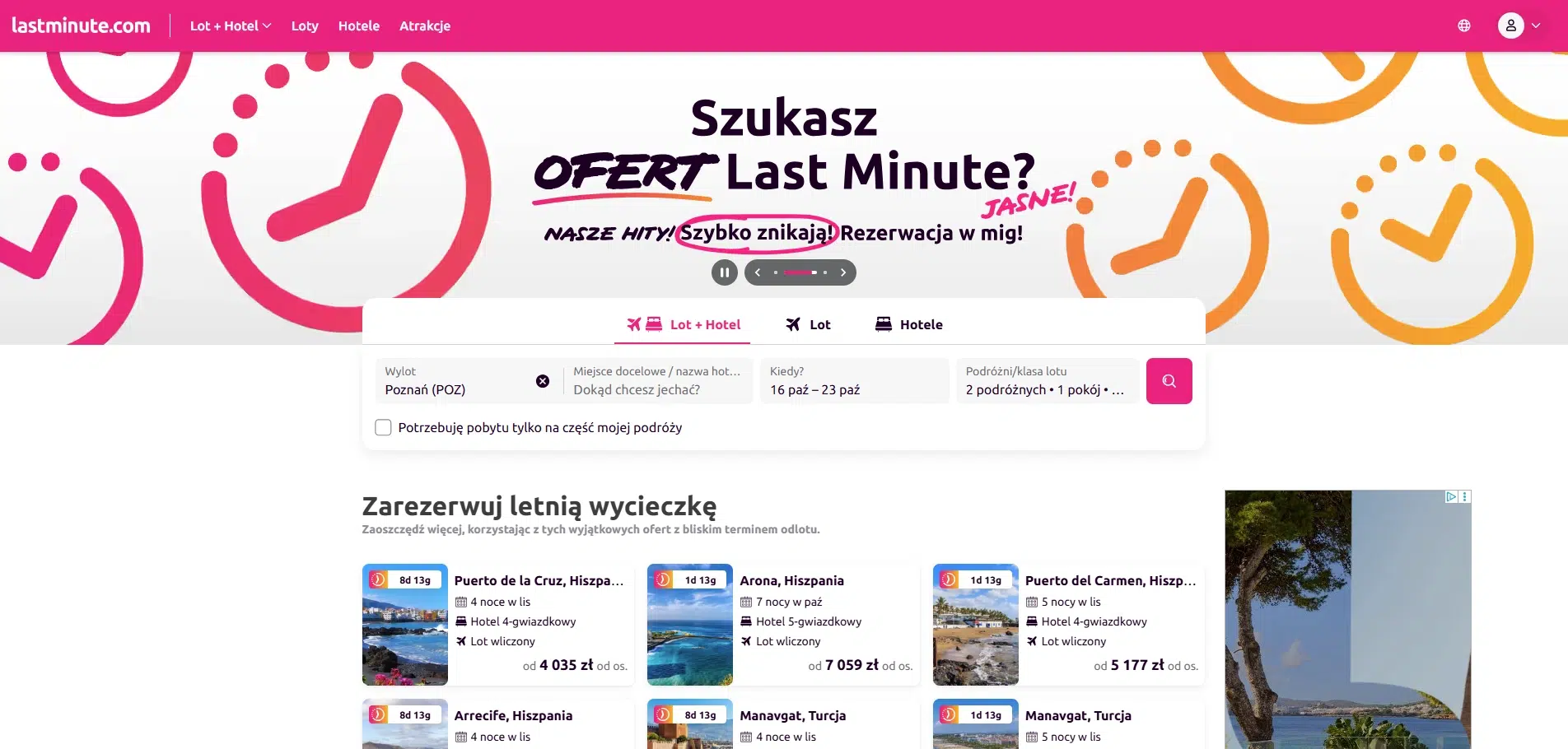 Widok strony głównej Lastminute.com z wyszukiwarką ofert Last Minute, lotów, hoteli i pakietów Lot + Hotel oraz przykładowymi propozycjami wakacyjnych wyjazdów.