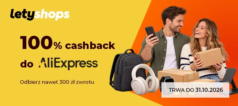 Mobilna grafika LetyShops promująca 100% cashback w AliExpress, z możliwością uzyskania łącznie nawet 300 zł zwrotu. Promocja obowiązuje do 31 października 2026 roku.