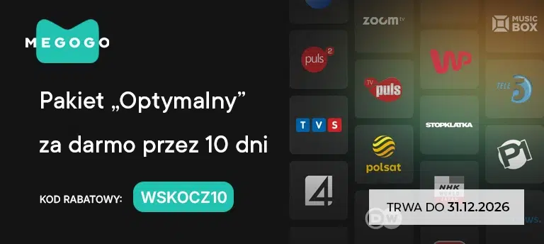 Mobilna grafika MEGOGO promująca kod WSKOCZ10, który daje nowym klientom 10 dni bezpłatnego dostępu do pakietu „Optymalny”. Kod obowiązuje do 31 grudnia 2026 roku.
