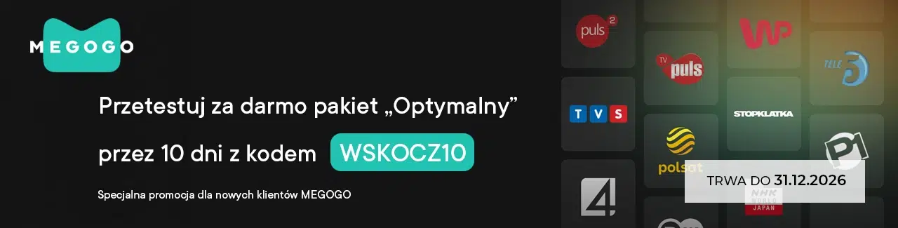 Grafika promująca kod promocyjny MEGOGO WSKOCZ10, który daje nowym klientom 10 dni bezpłatnego dostępu do pakietu „Optymalny”. Kod obowiązuje do 31 grudnia 2026 roku.