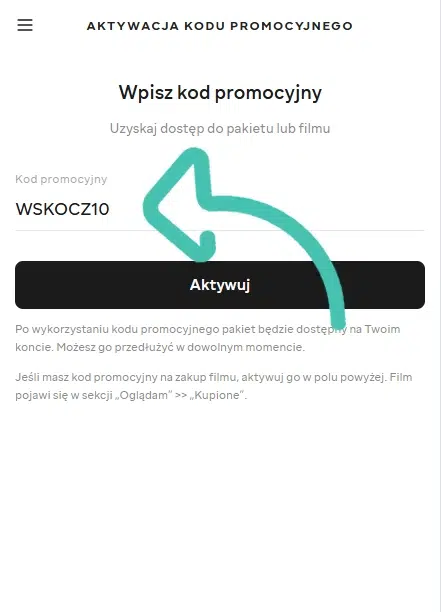 Mobilny widok strony MEGOGO z polem do wpisania kodu promocyjnego WSKOCZ10 i przyciskiem „Aktywuj”, umożliwiającym uruchomienie promocyjnego dostępu do pakietu.