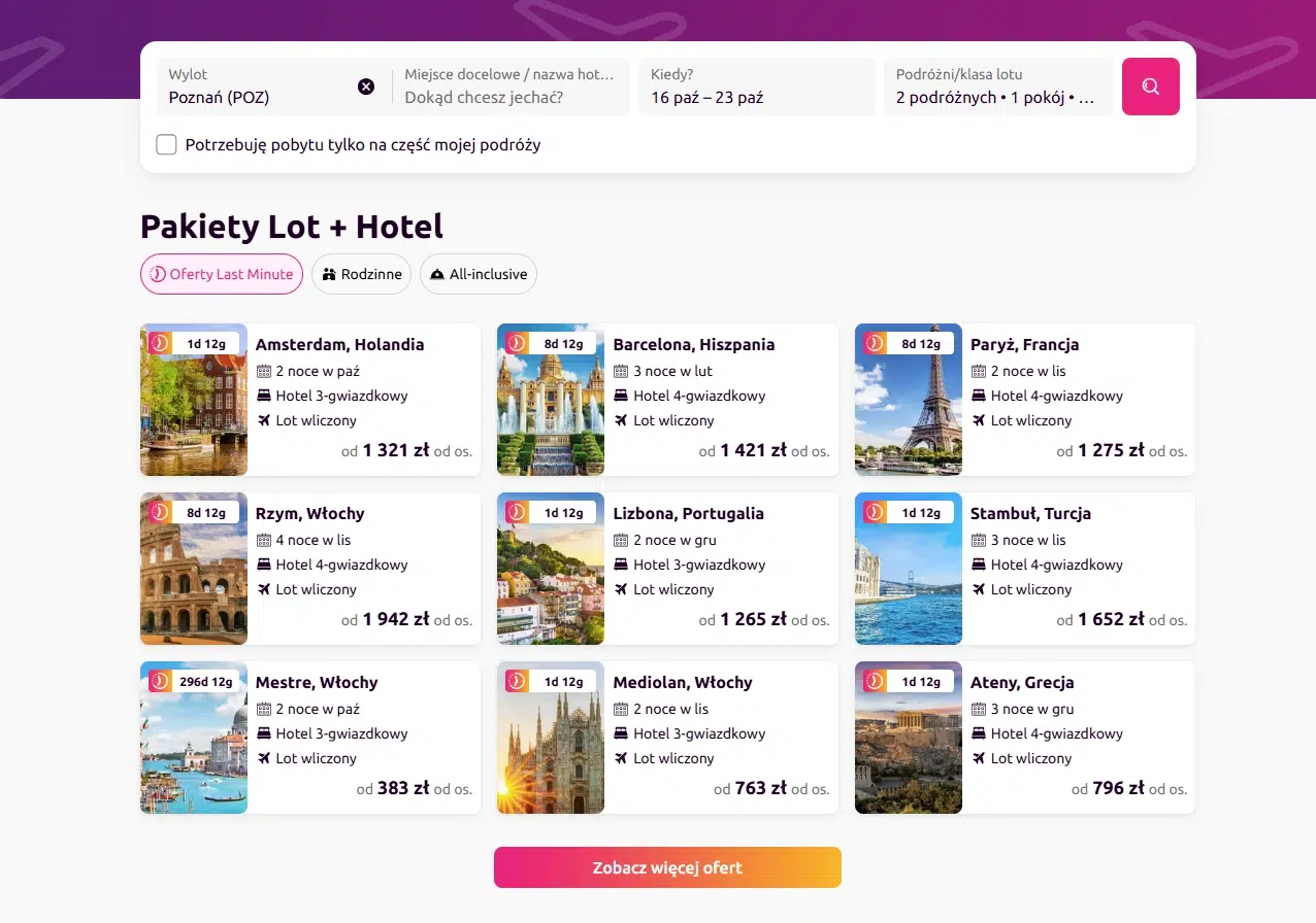 Widok ofert pakietów Lot + Hotel na Lastminute.com, prezentujący przykładowe kierunki podróży, liczbę noclegów, standard hotelu, lot w cenie oraz ceny pobytów.