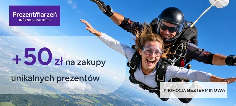 Mobilna grafika Prezentmarzeń promująca bonus 50 zł na zakupy po rejestracji z linku polecającego. Oferta dla nowych klientów jest bezterminowa.