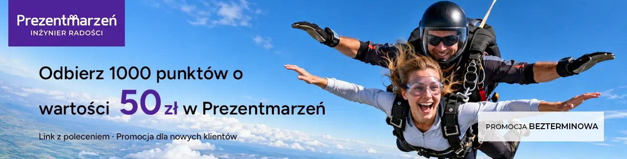 Grafika promująca program poleceń Prezentmarzeń, w którym nowi klienci mogą otrzymać 1000 punktów o wartości 50 zł po rejestracji z linku polecającego. Promocja jest bezterminowa.