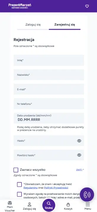 Mobilny widok formularza rejestracji do Programu Lojalnościowego Prezentmarzeń, w którym użytkownik zakłada konto, podaje dane i akceptuje wymagane zgody, aby dołączyć do programu.