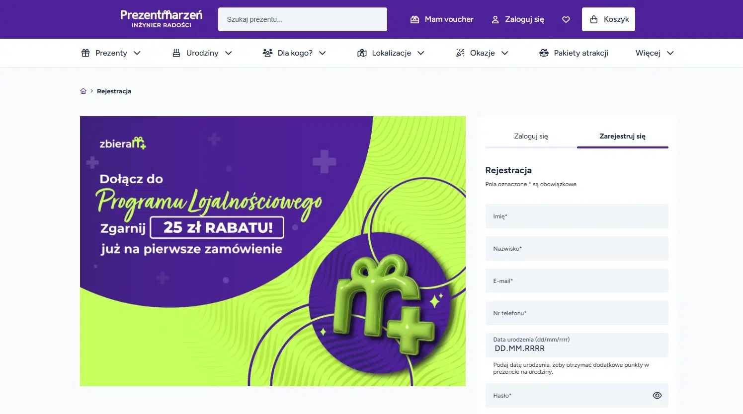 Widok formularza rejestracji do Programu Lojalnościowego Prezentmarzeń, w którym nowi użytkownicy mogą otrzymać 25 zł rabatu na pierwsze zamówienie.