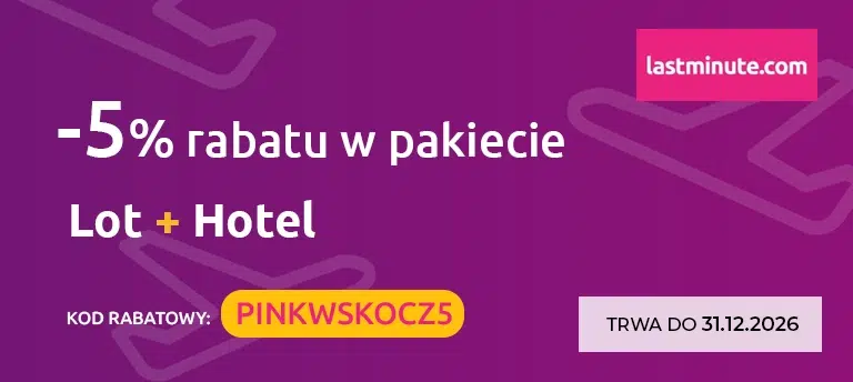 Mobilna grafika Lastminute.com promująca kod rabatowy PINKWSKOCZ5, który daje 5% zniżki na pakiety Lot + Hotel. Kod obowiązuje do 31 grudnia 2026 roku.