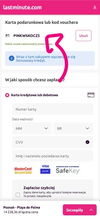 Mobilny widok płatności na Lastminute.com z aktywnym kodem rabatowym PINKWSKOCZ5, który został poprawnie zastosowany do rezerwacji pakietu Lot + Hotel.