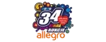Grafika promująca 34. Finał WOŚP na Allegro – kolorowy logotyp »34 Finał«, ikony serc i napis »aukcje allegro« na jasnym tle.