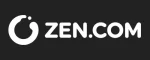 Logo ZEN.COM w białej typografii na czarnym tle oraz ikona płomienia po prawej stronie, na jasnym tle z subtelnym wzorem kuponów rabatowych.